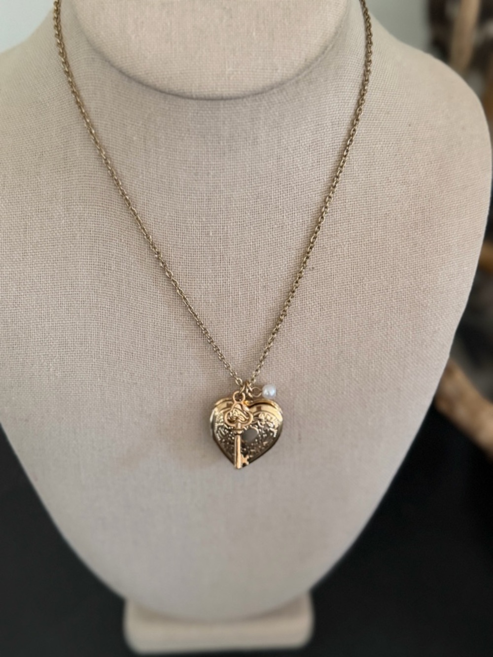 Vintage Gold Heart Locket Necklace with Key and Pearl Accent